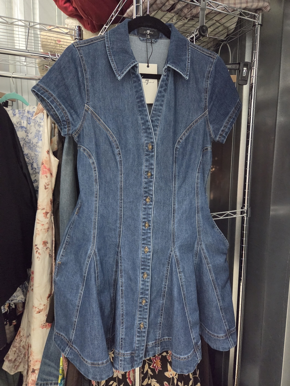 7 For All Mankind Denim Button-Front Short Sleeve Dress - Blue